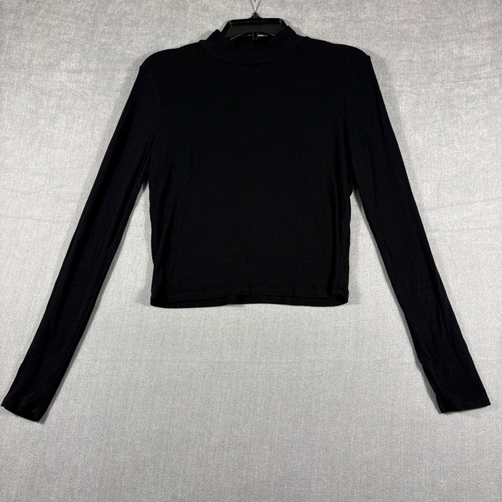 Garage Womens Black Ribbed Mock Neck Long Sleeve Top Size Large